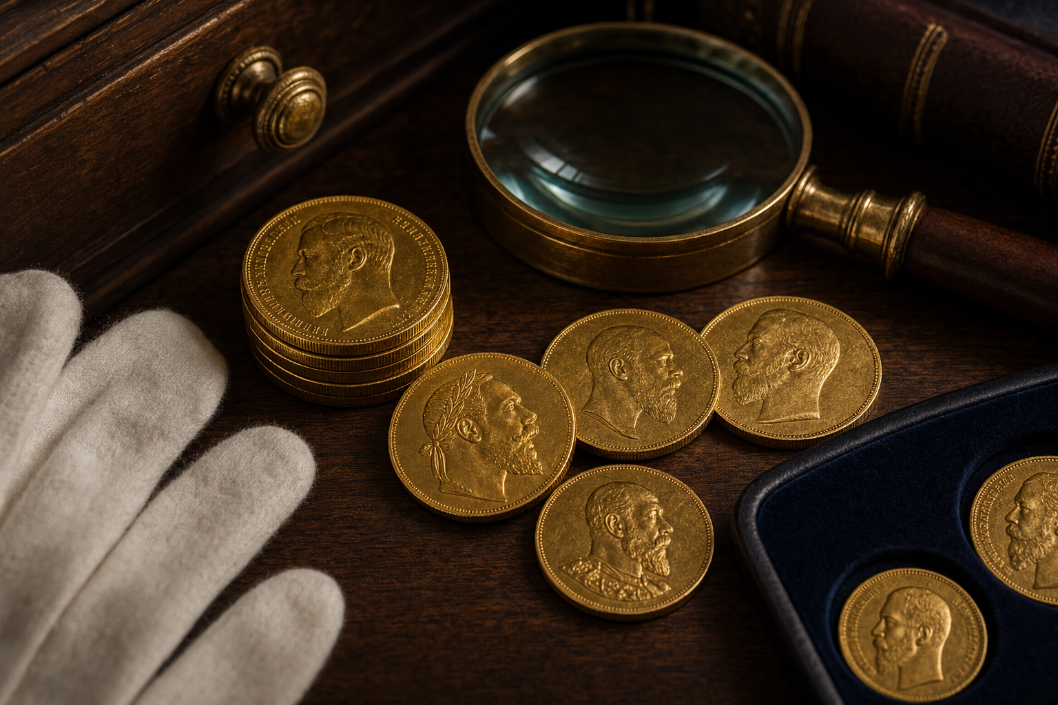 Sammlerarbeitsplatz mit Lupe und Baumwollhandschuhen zur Begutachtung von Erhaltungsgraden historischer Goldmünzen