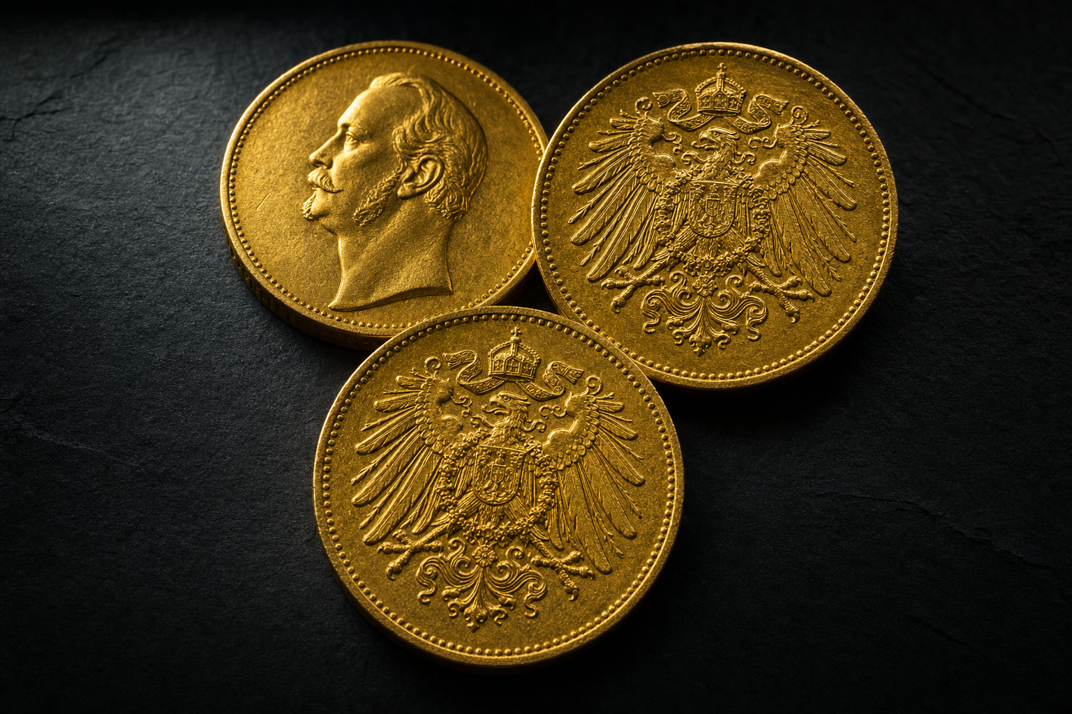 Mehrere historische 10- und 20-Mark-Goldmünzen des Deutschen Kaiserreichs auf dunklem Schiefer mit warmem Goldglanz