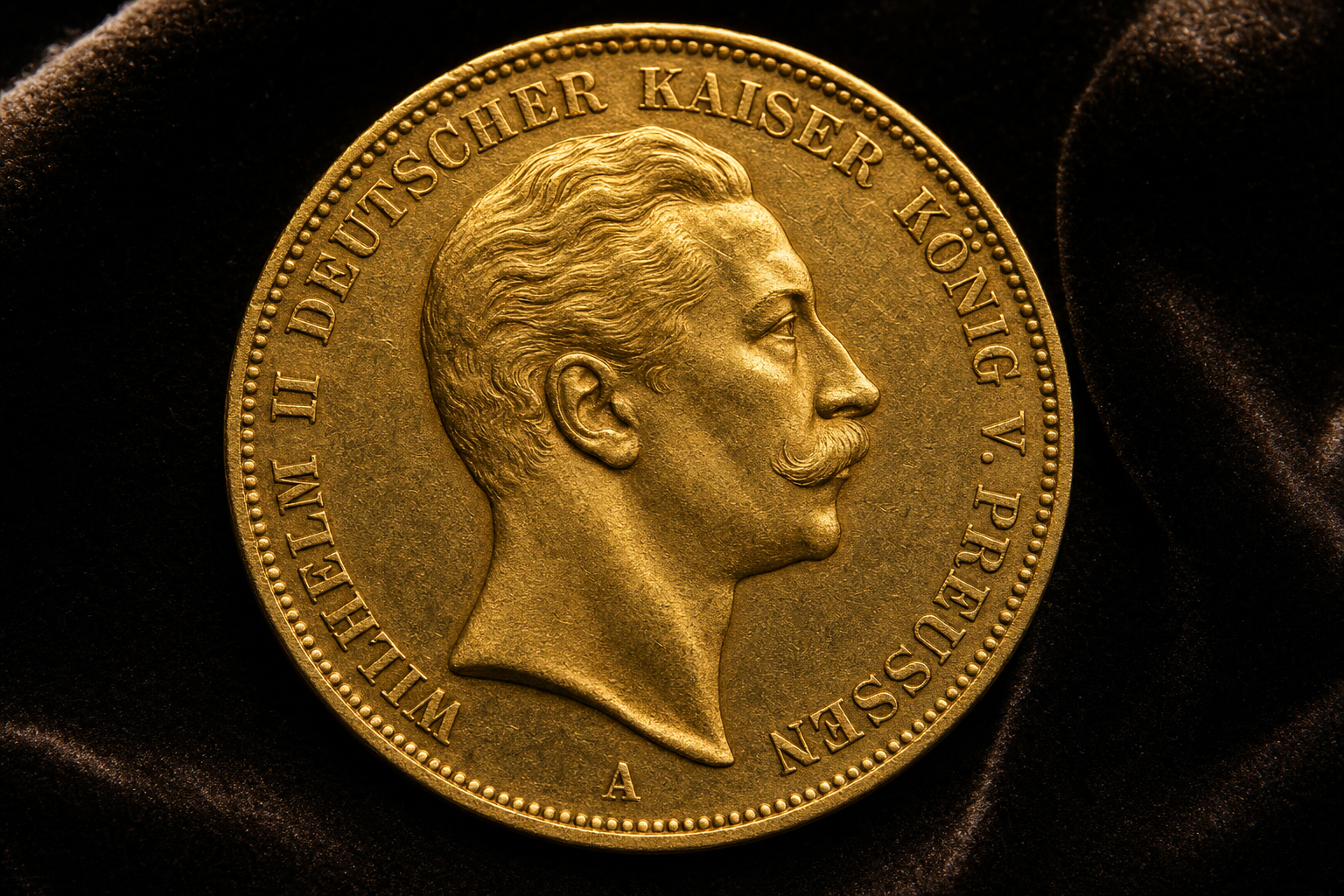 Detailaufnahme der Porträtseite einer historischen 20-Mark-Goldmünze mit feiner Reliefprägung auf dunklem Untergrund
