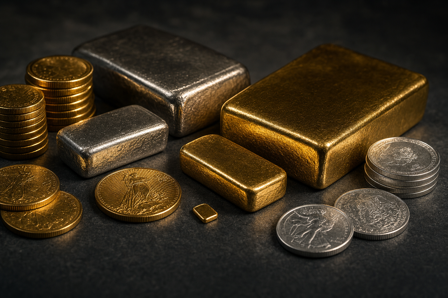 Gold- und Silberbarren sowie Münzen unterschiedlicher Größe auf dunklem Schiefer