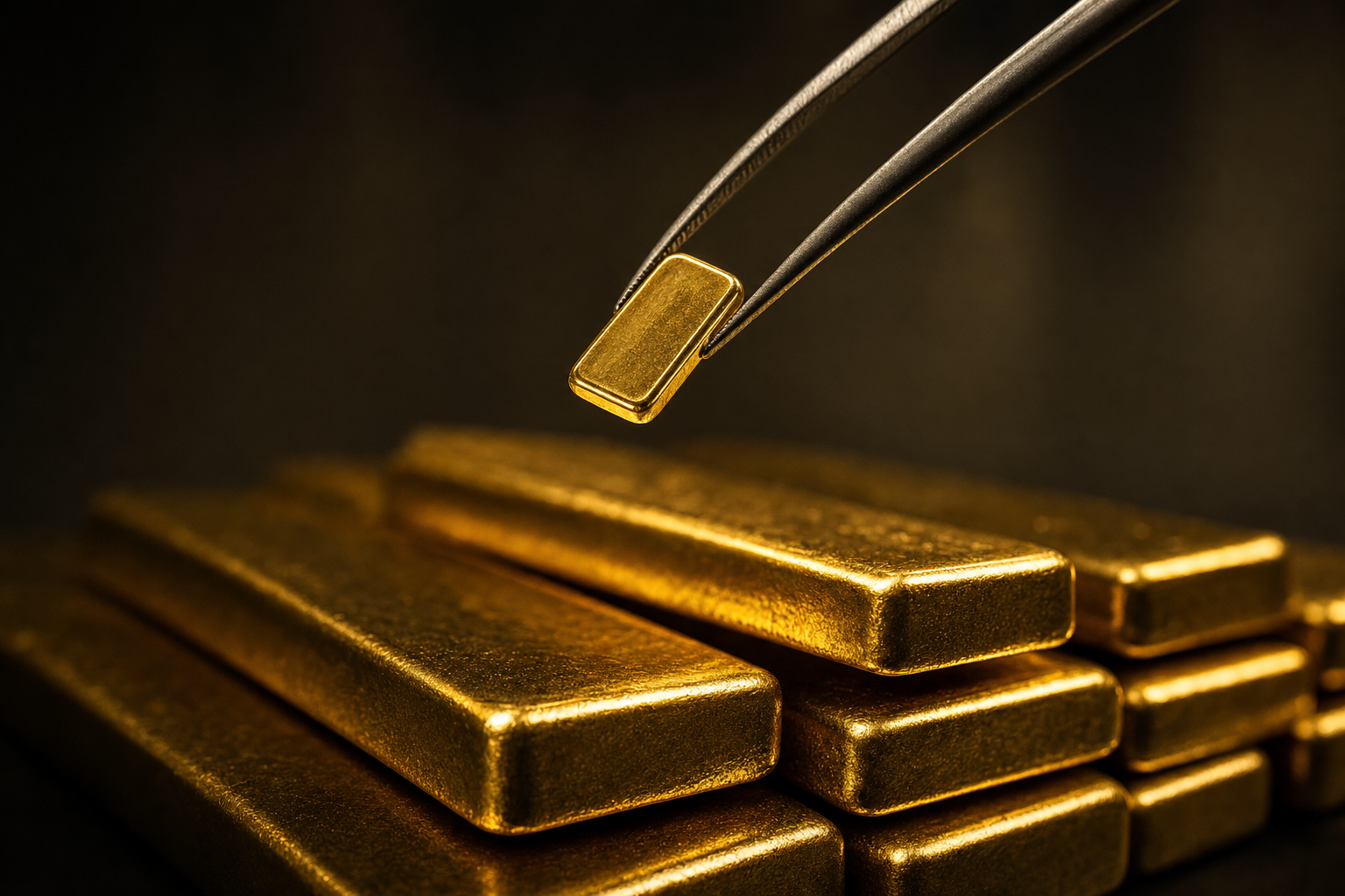 Ein kleiner 1-Gramm-Goldbarren im Größenvergleich zu größeren Goldbarren