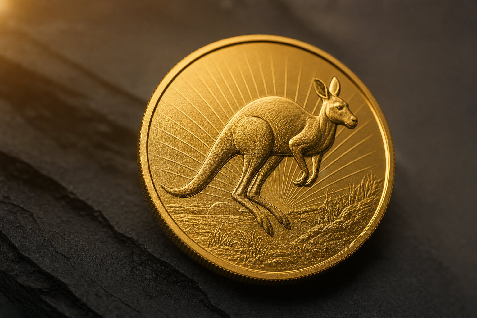 Australische Goldmünze mit Känguru-Motiv auf dunklem Schiefer in warmem Licht