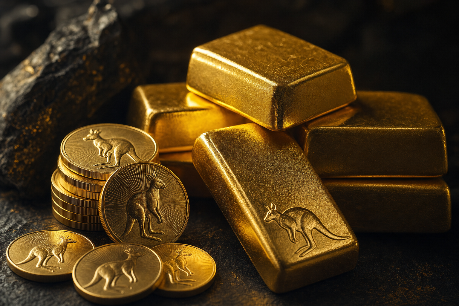 Goldbarren und Goldmünzen nebeneinander auf dunklem Stein in warmem Licht