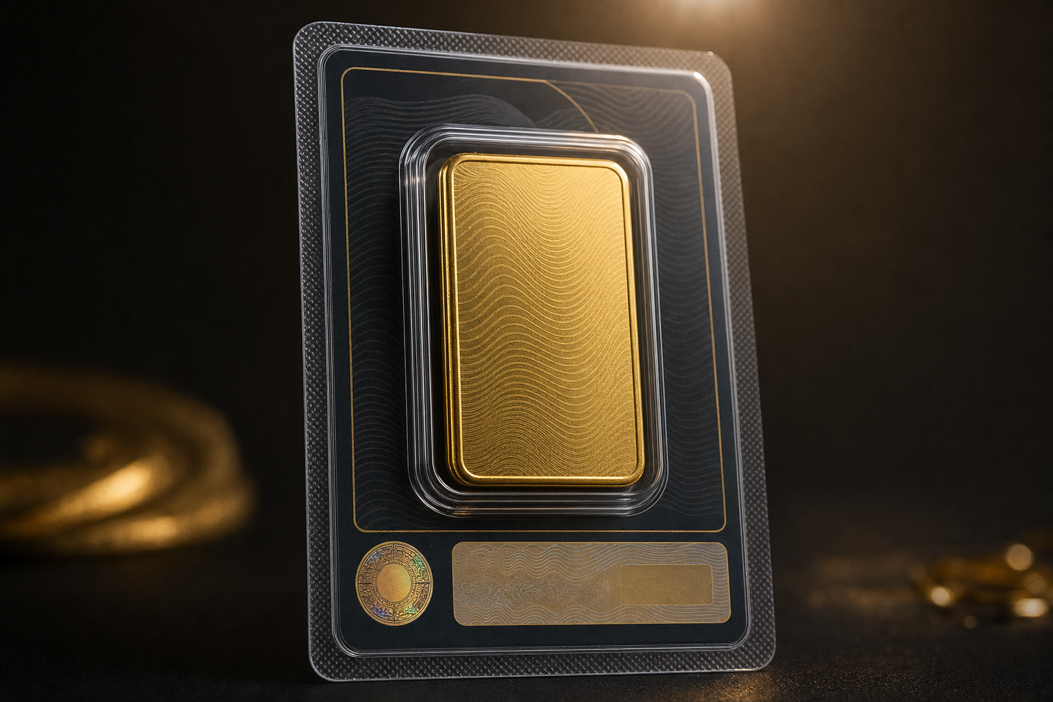 Versiegelter Blister mit Goldbarren und Zertifikatskarte auf dunklem Hintergrund