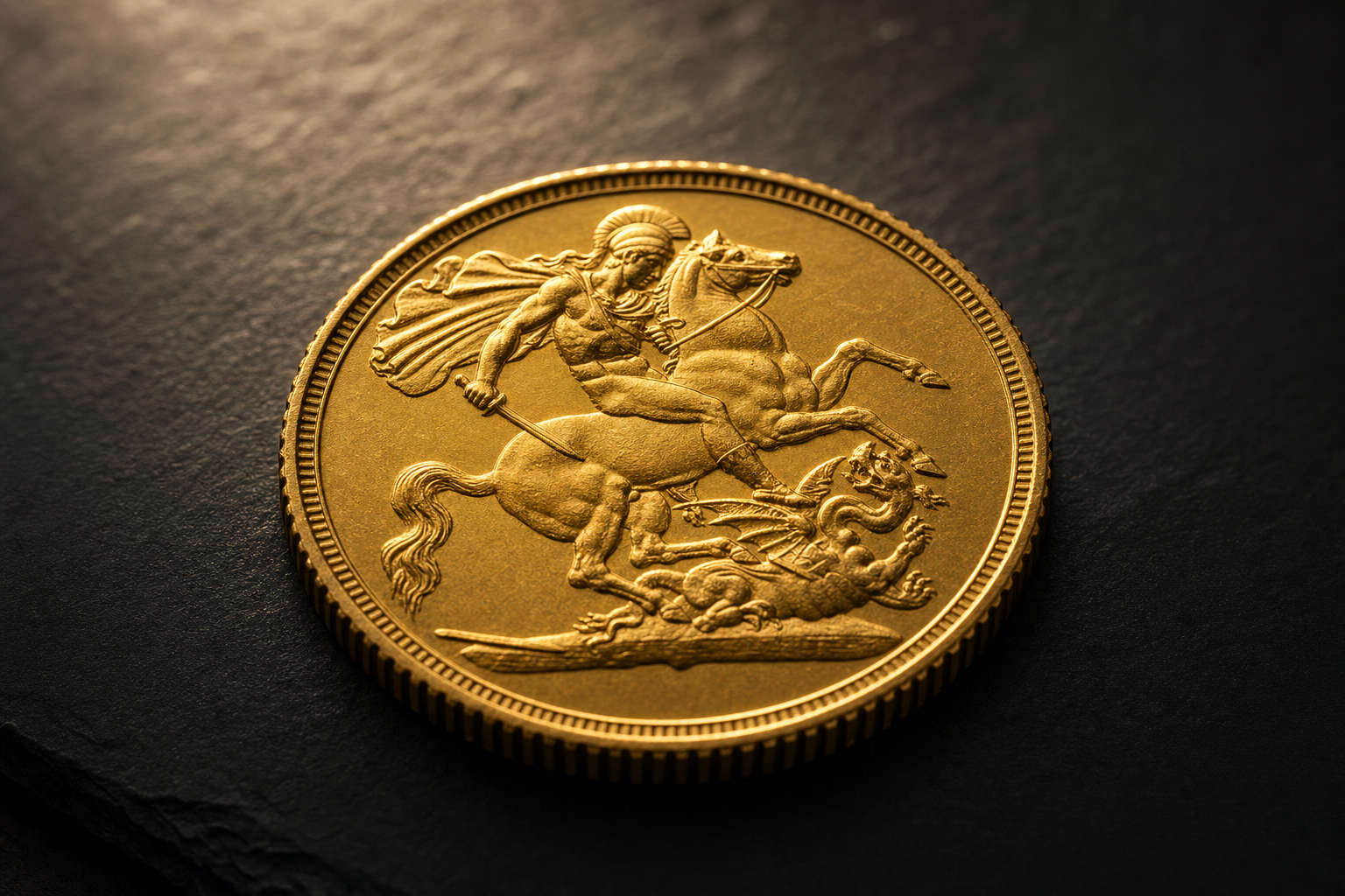 Klassische britische Sovereign-Goldmünze in warmem Licht auf dunklem Schiefer