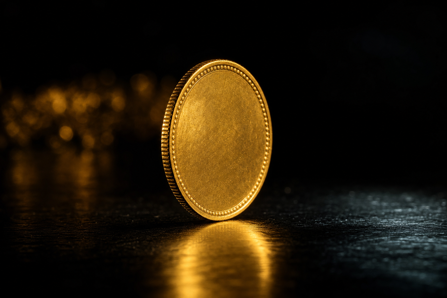 Einzelne Sovereign-Goldmünze hochkant balanciert in dramatischem Licht