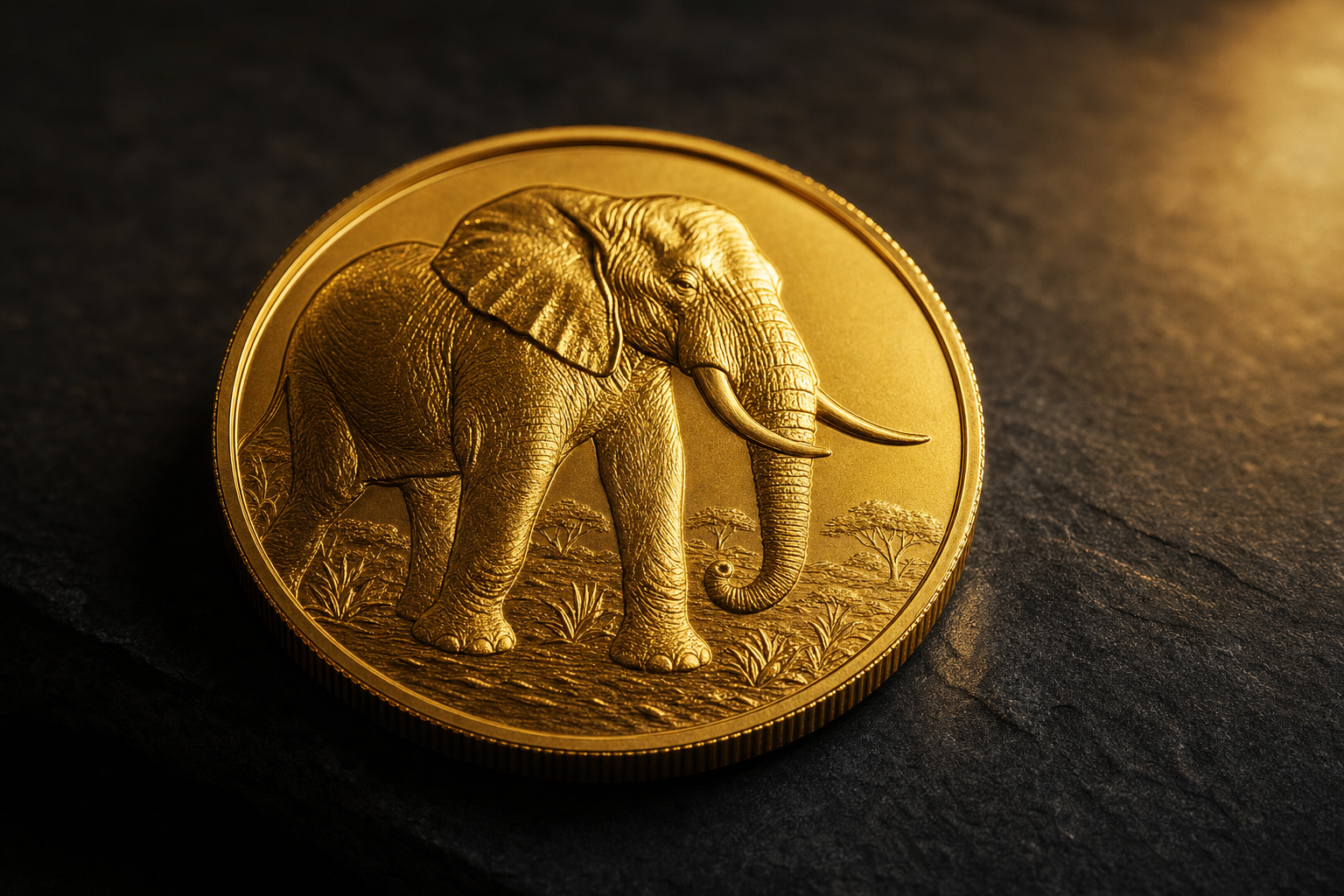 Somalia-Elefant-Goldmünze mit detailliertem Elefantenmotiv auf dunklem Schiefer