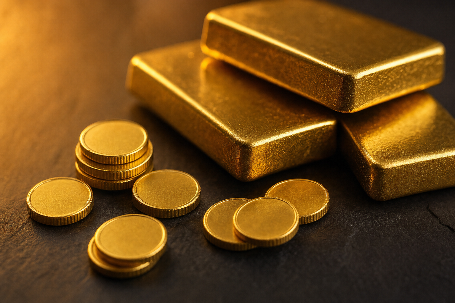 Kleine Goldmünzen und Grammbarren auf dunklem Schiefer im warmen Licht