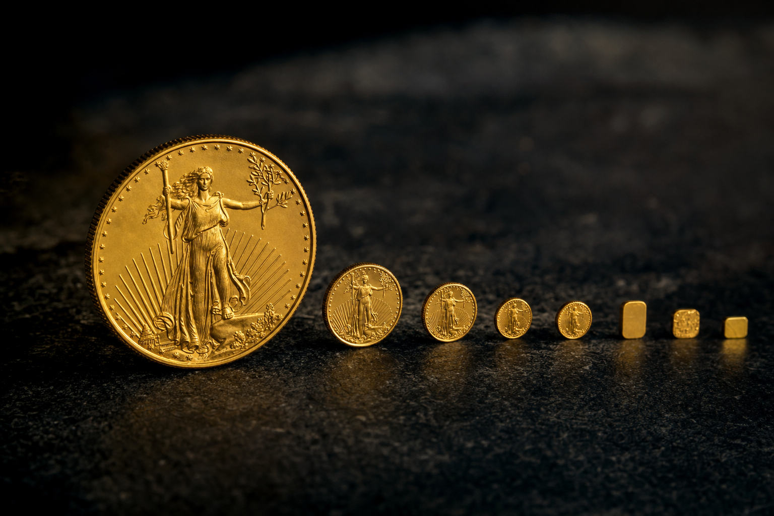 Größenvergleich einer ganzen Unze Gold gegenüber kleinen Stückelungen und Grammgold