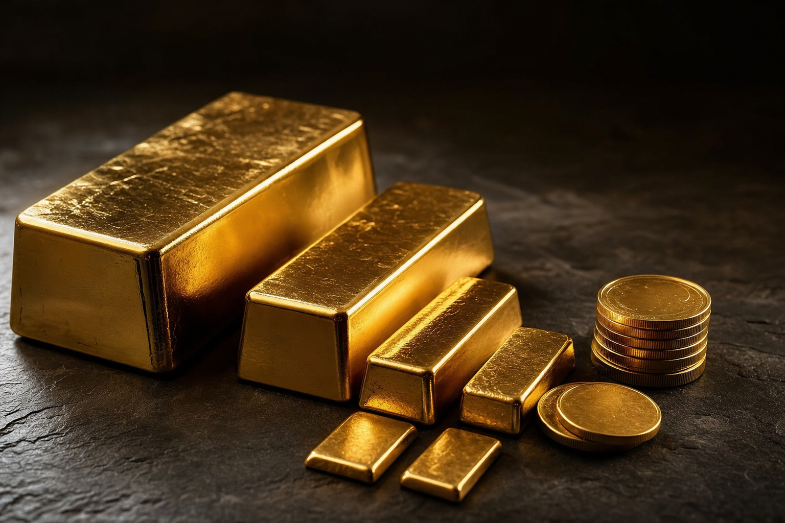 Mehrere Goldbarren unterschiedlicher Größe neben einem Stapel Goldmünzen auf dunklem Untergrund