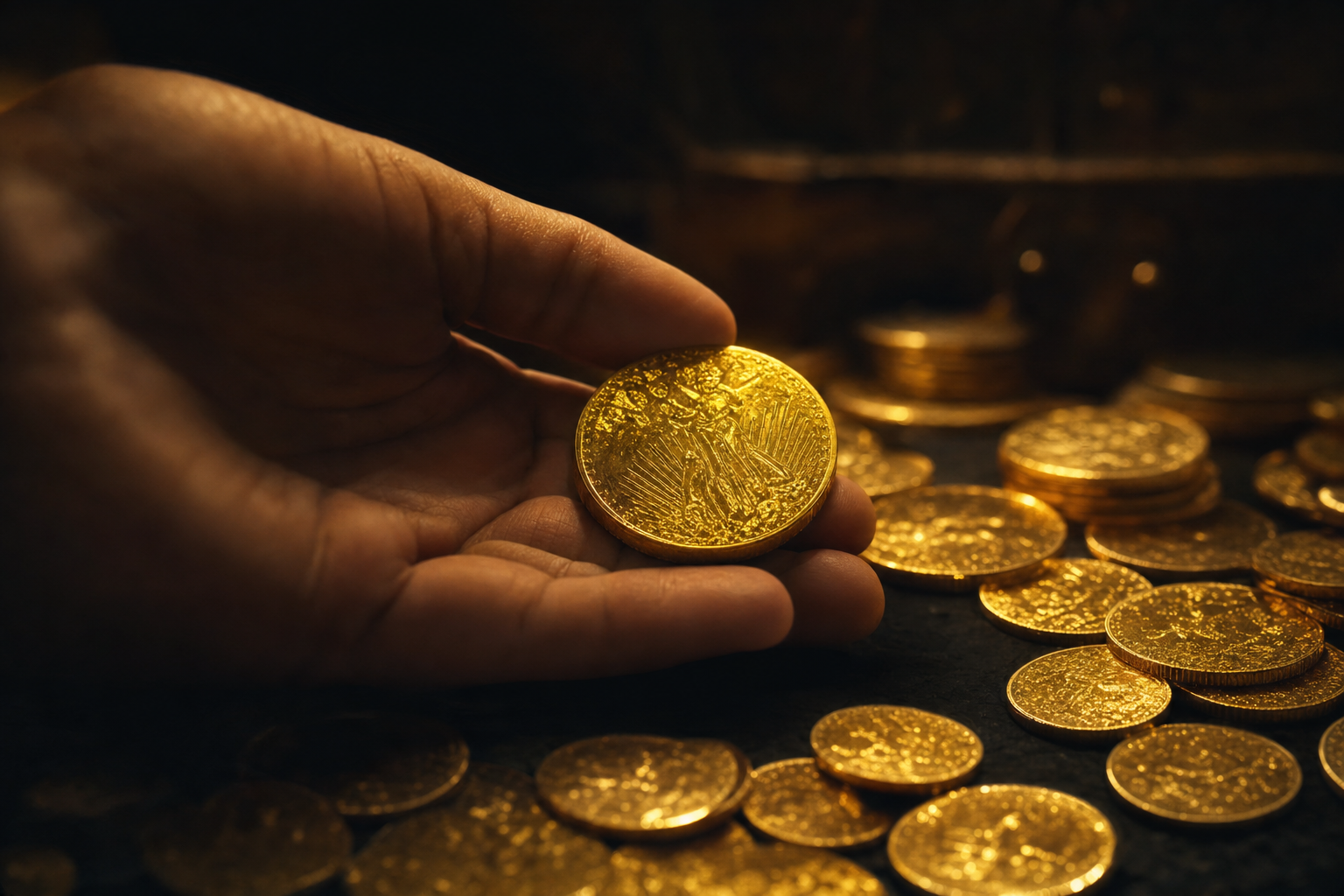 Hand hält eine Goldmünze über weitere Goldmünzen auf dunklem Untergrund
