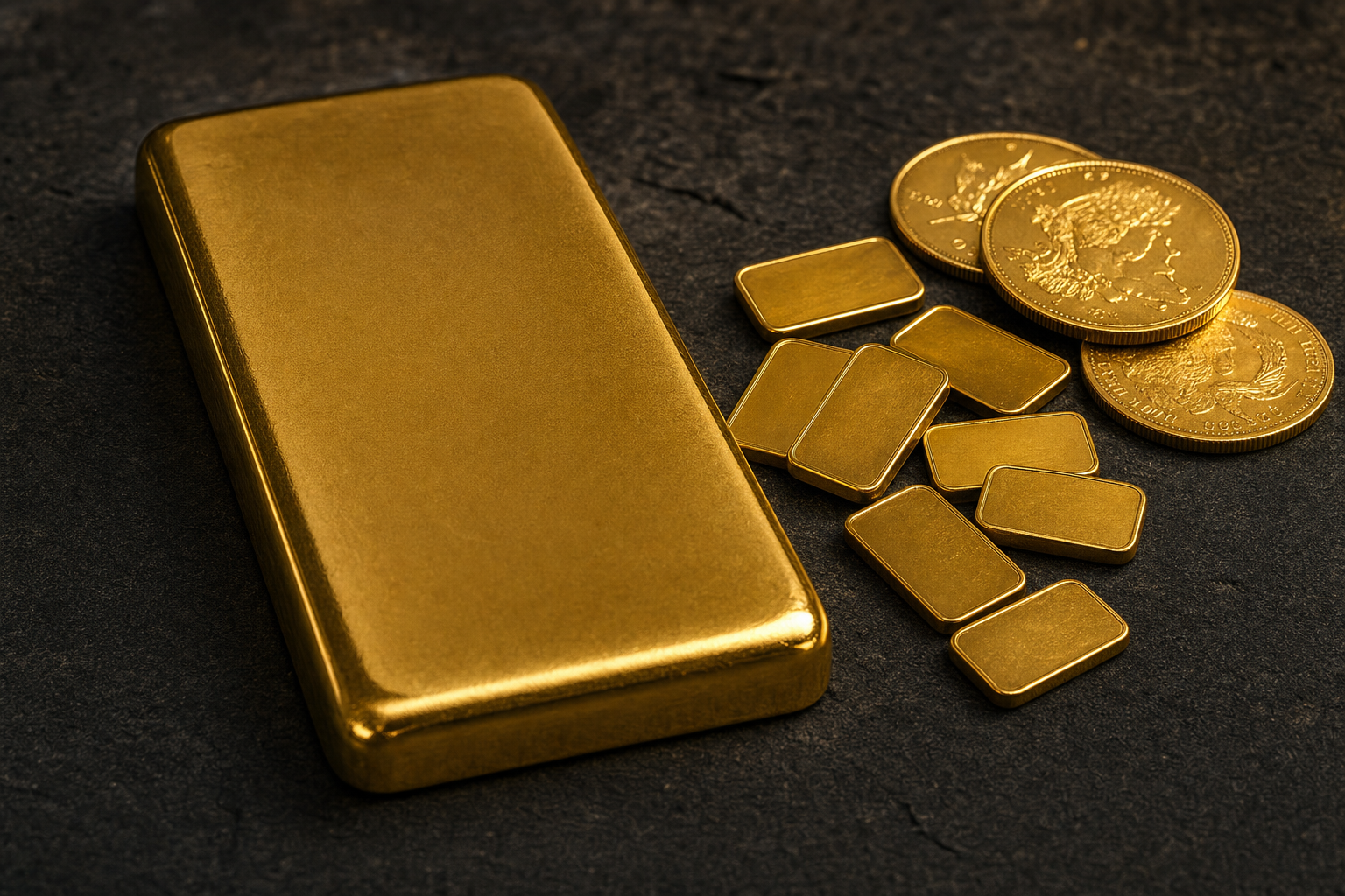Ein großer 100-Gramm-Goldbarren neben mehreren kleinen Gold-Einheiten auf dunklem Stein
