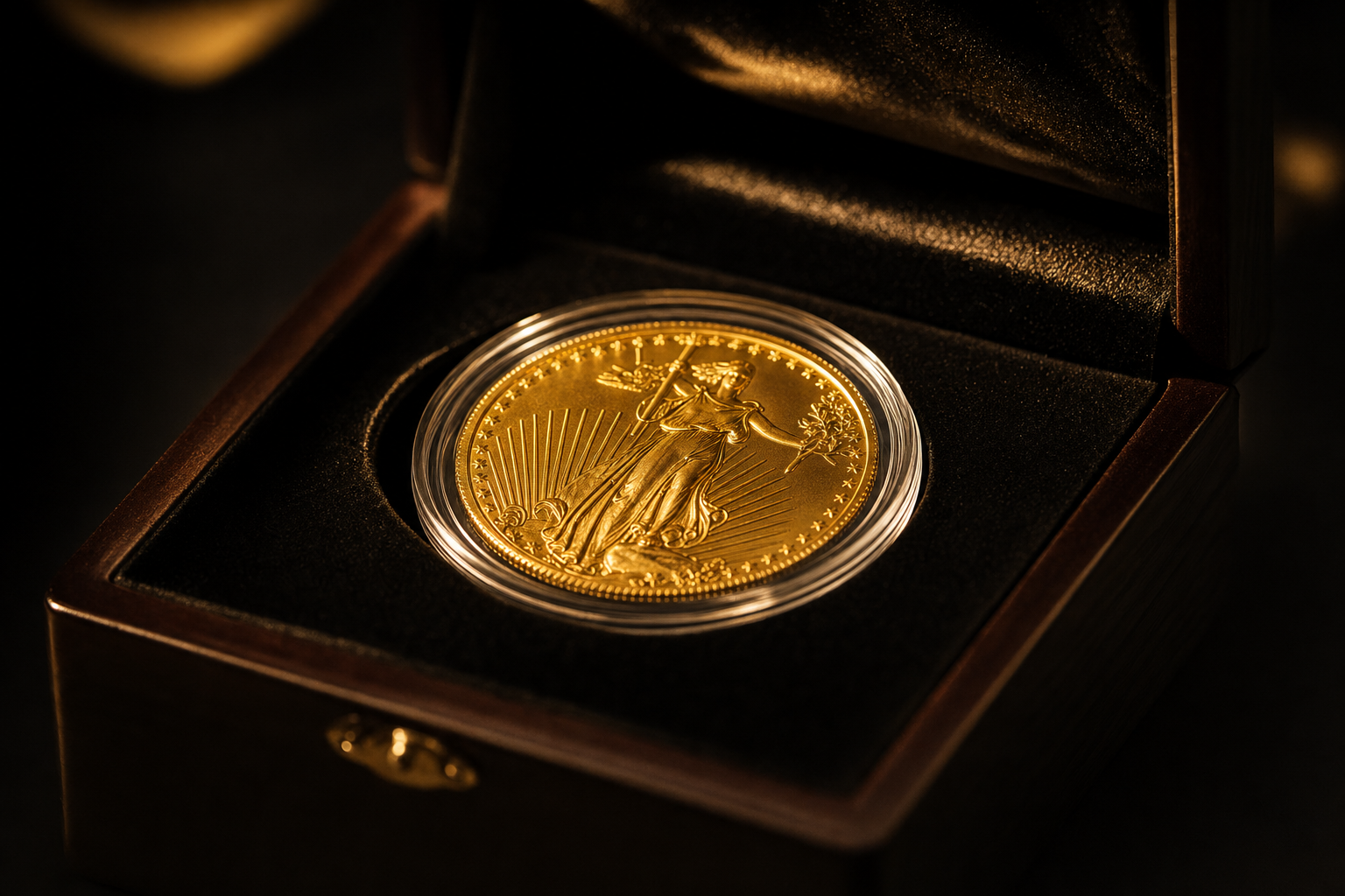 Eine Gold-Anlagemünze in Schutzkapsel innerhalb eines dunklen Sammleretuis