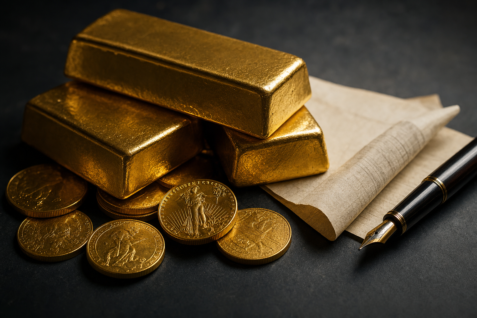Goldbarren und Goldmünzen neben einem Kaufbeleg auf dunklem Untergrund