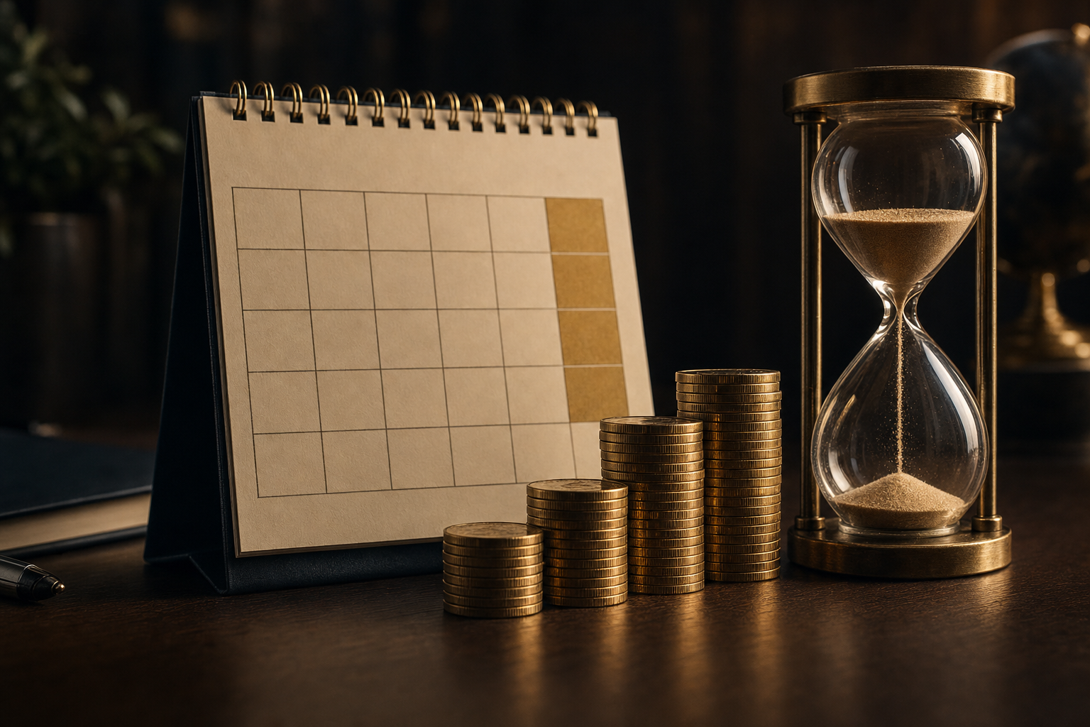 Sanduhr und Kalender neben einem Stapel Goldmünzen als Symbol für die einjährige Haltedauer