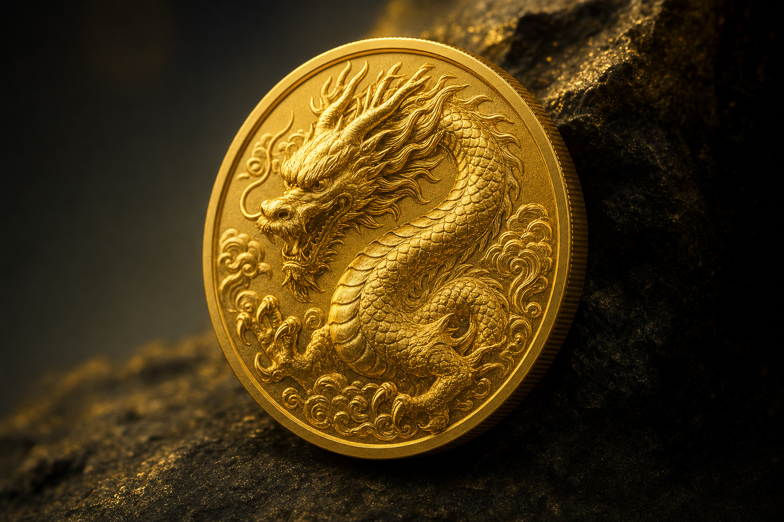 Detailaufnahme einer Lunar-Goldmünze mit Drachenmotiv in feiner Reliefprägung