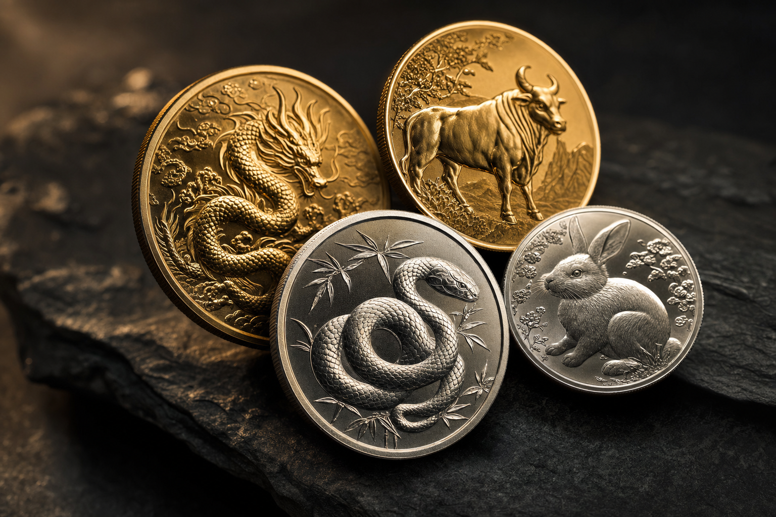Gold- und Silbermünzen der Lunar-Serie mit chinesischen Tierkreismotiven auf dunklem Schiefer