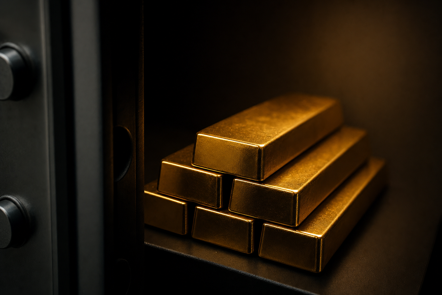Gestapelte Goldbarren in einem Tresor als Symbol für direktes Eigentum ohne Gegenpartei