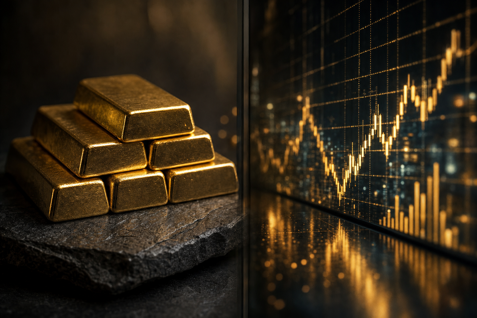 Goldbarren neben einem digitalen Wertpapier-Chart als Sinnbild für die Wahl zwischen physischem Gold und Papiergold