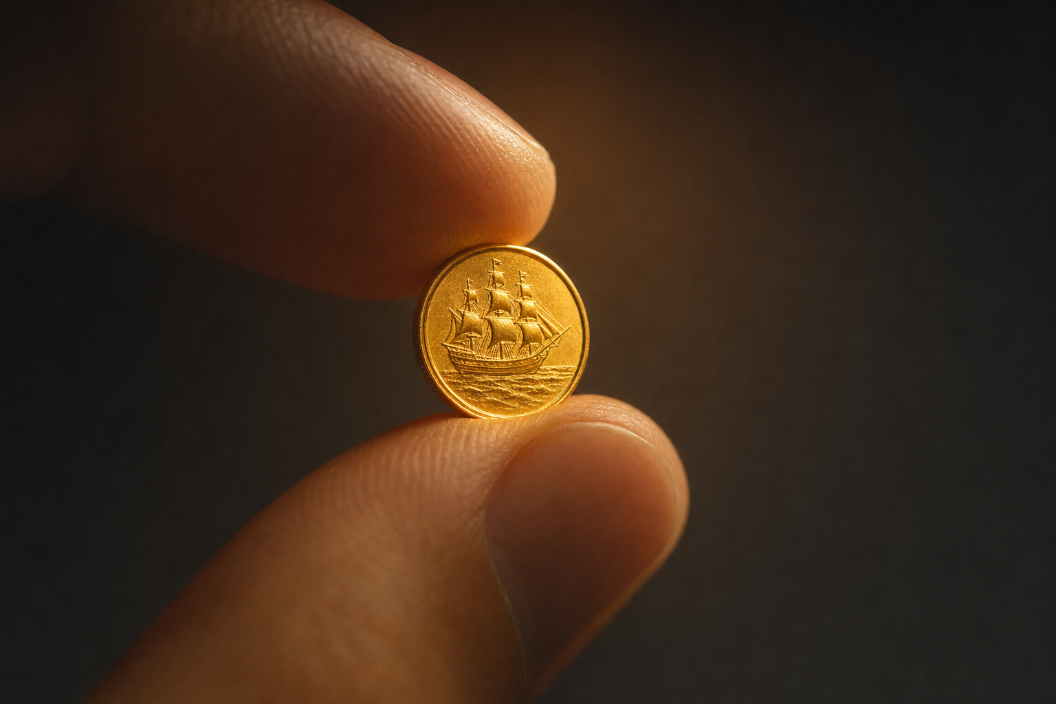Kleine Bounty-Grammgold-Goldmünze zwischen zwei Fingern vor dunklem Hintergrund