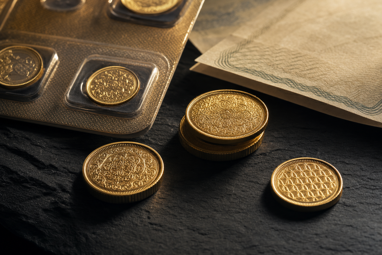 Mehrere Grammgold-Münzen mit Blisterkarte und Echtheitszertifikat auf dunklem Schiefer