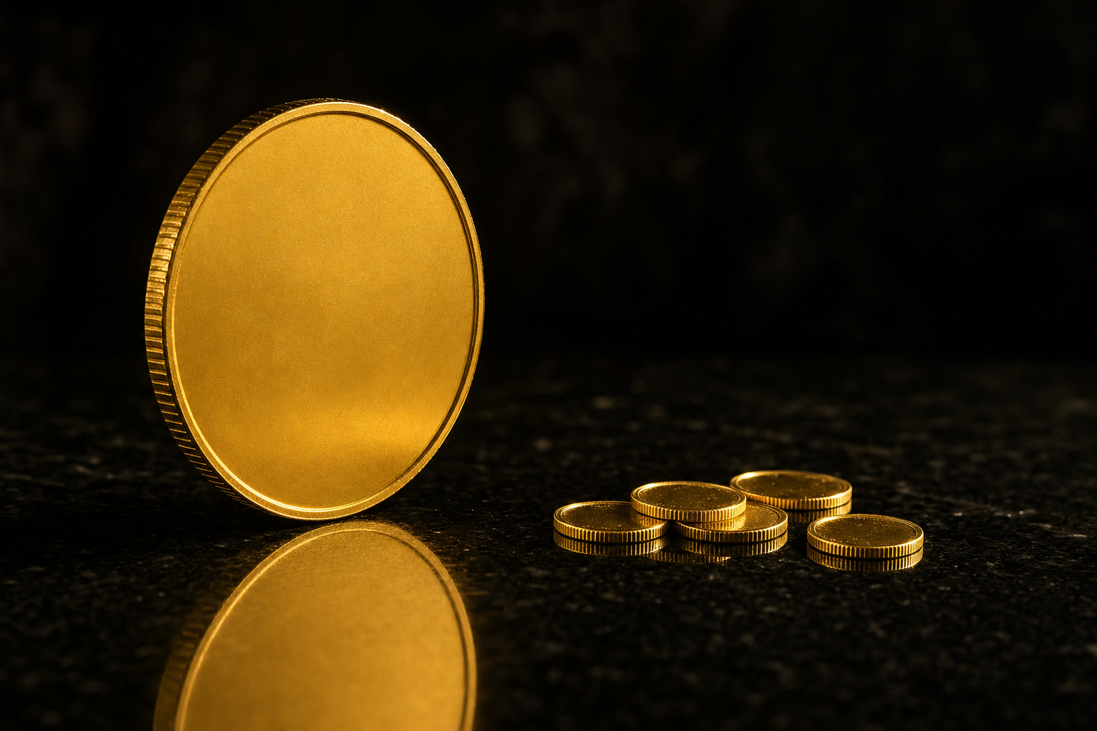 Größenvergleich zwischen einer großen Unzen-Goldmünze und mehreren kleinen Grammgold-Münzen