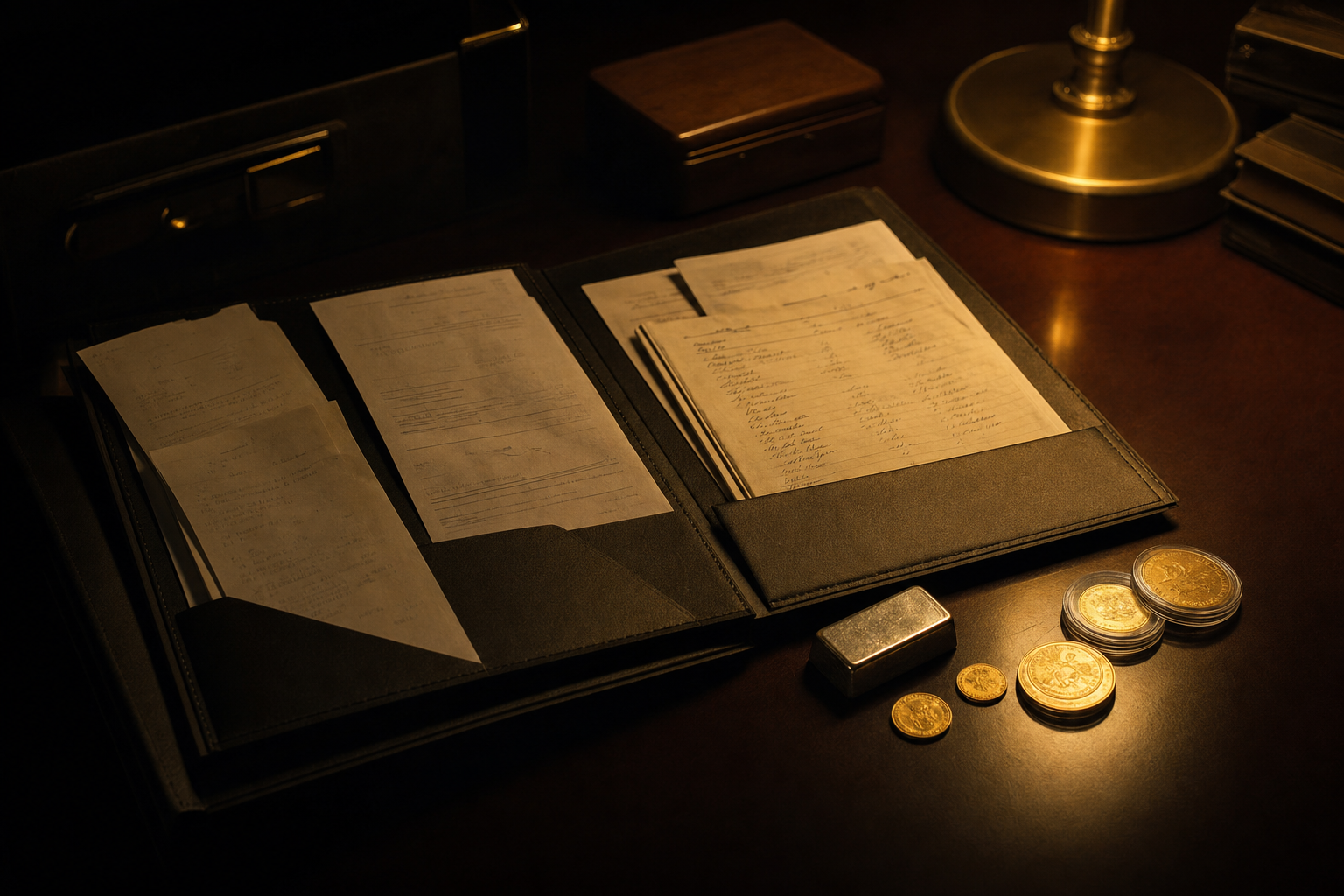 Versicherungsunterlagen, Kaufbelege und handschriftliche Inventarliste neben Goldmünzen