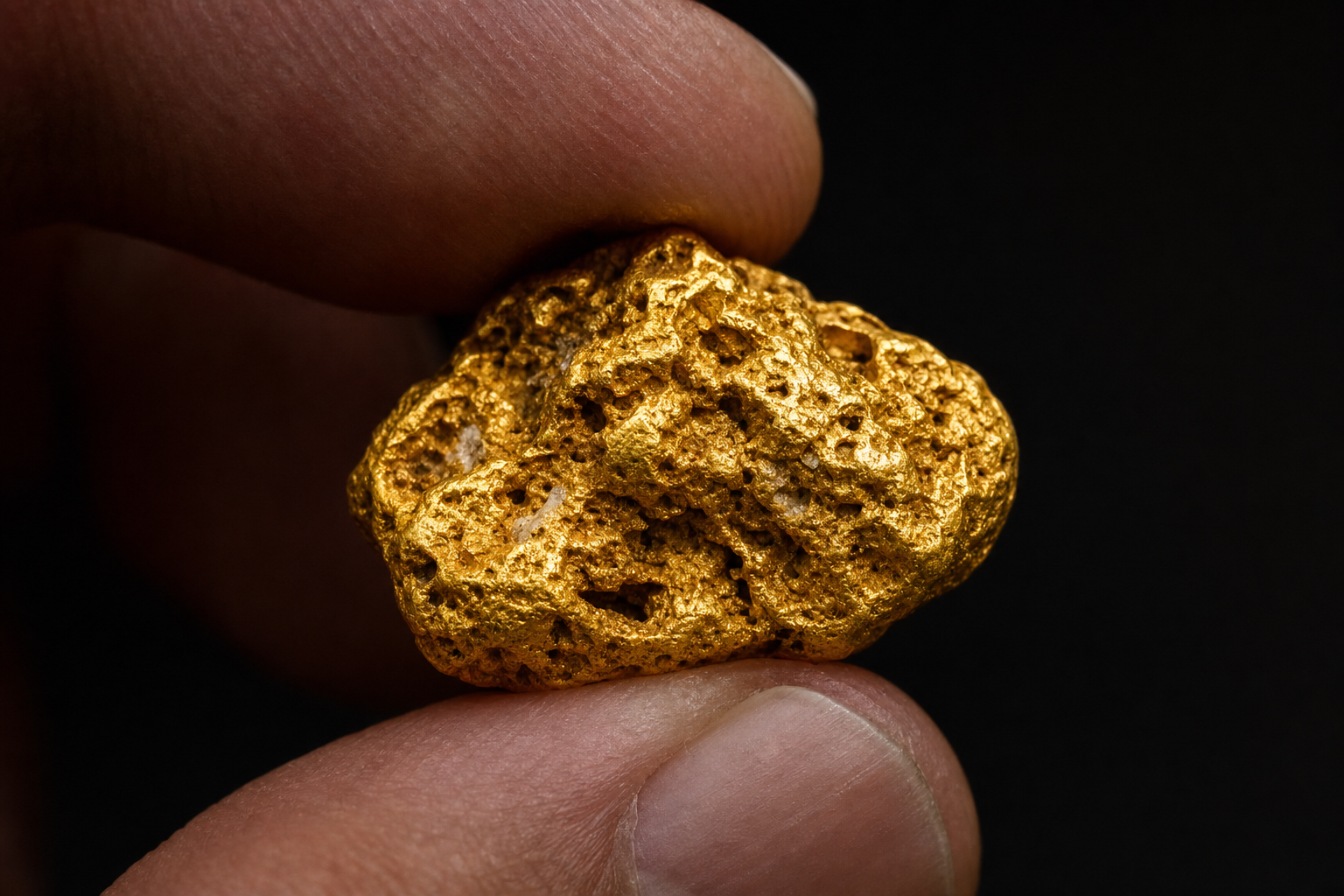 Detailaufnahme eines einzelnen Goldnuggets mit rauer, natürlich gewachsener Oberflächenstruktur