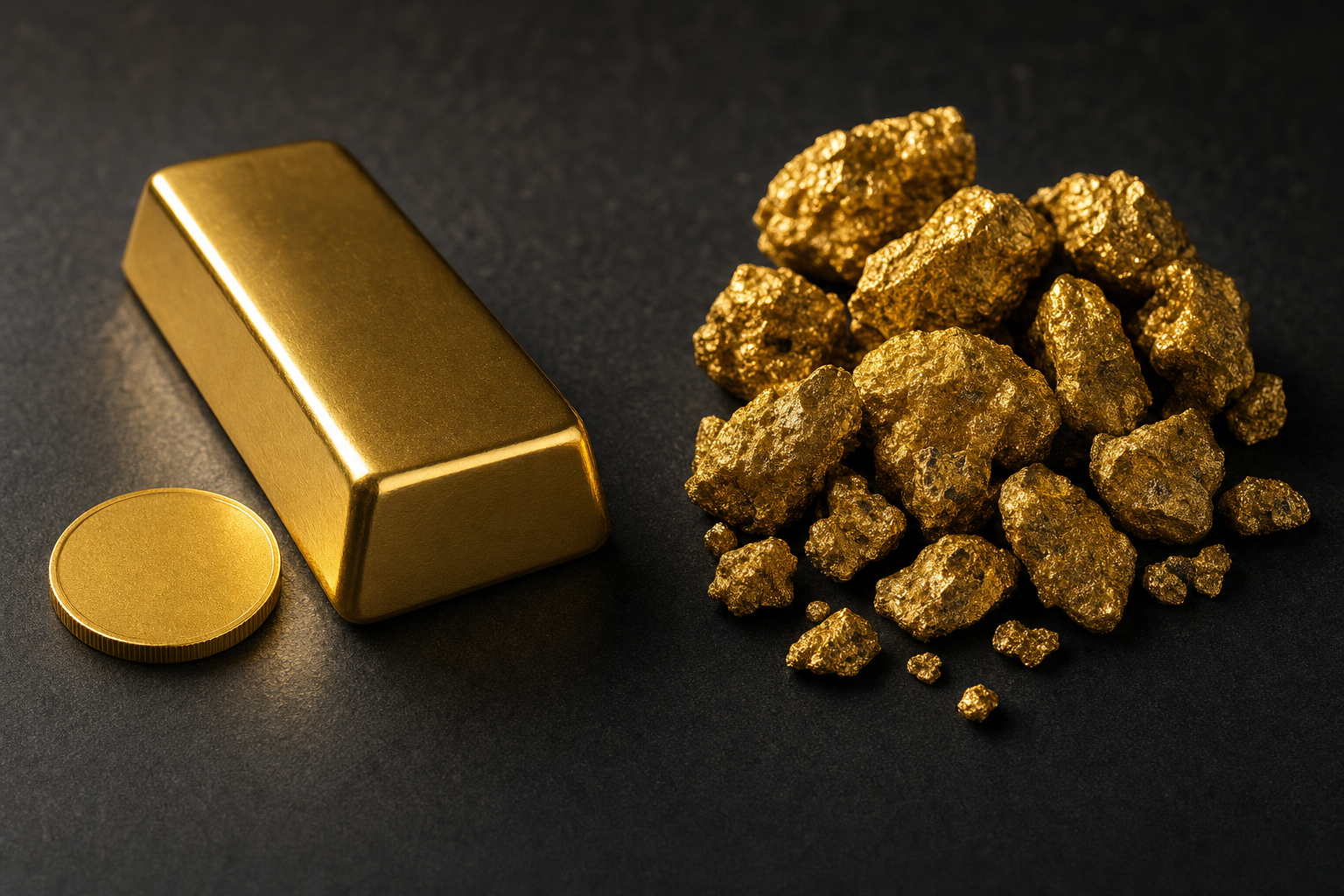 Vergleich von rohen Goldnuggets mit einem genormten Goldbarren und einer Goldmünze auf dunklem Untergrund