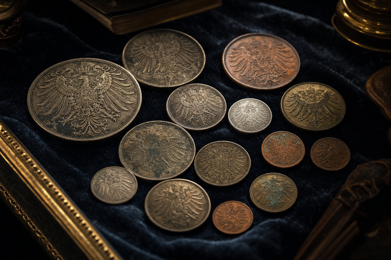 Sammlung historischer deutscher Umlaufmünzen aus verschiedenen Epochen auf dunklem Samt