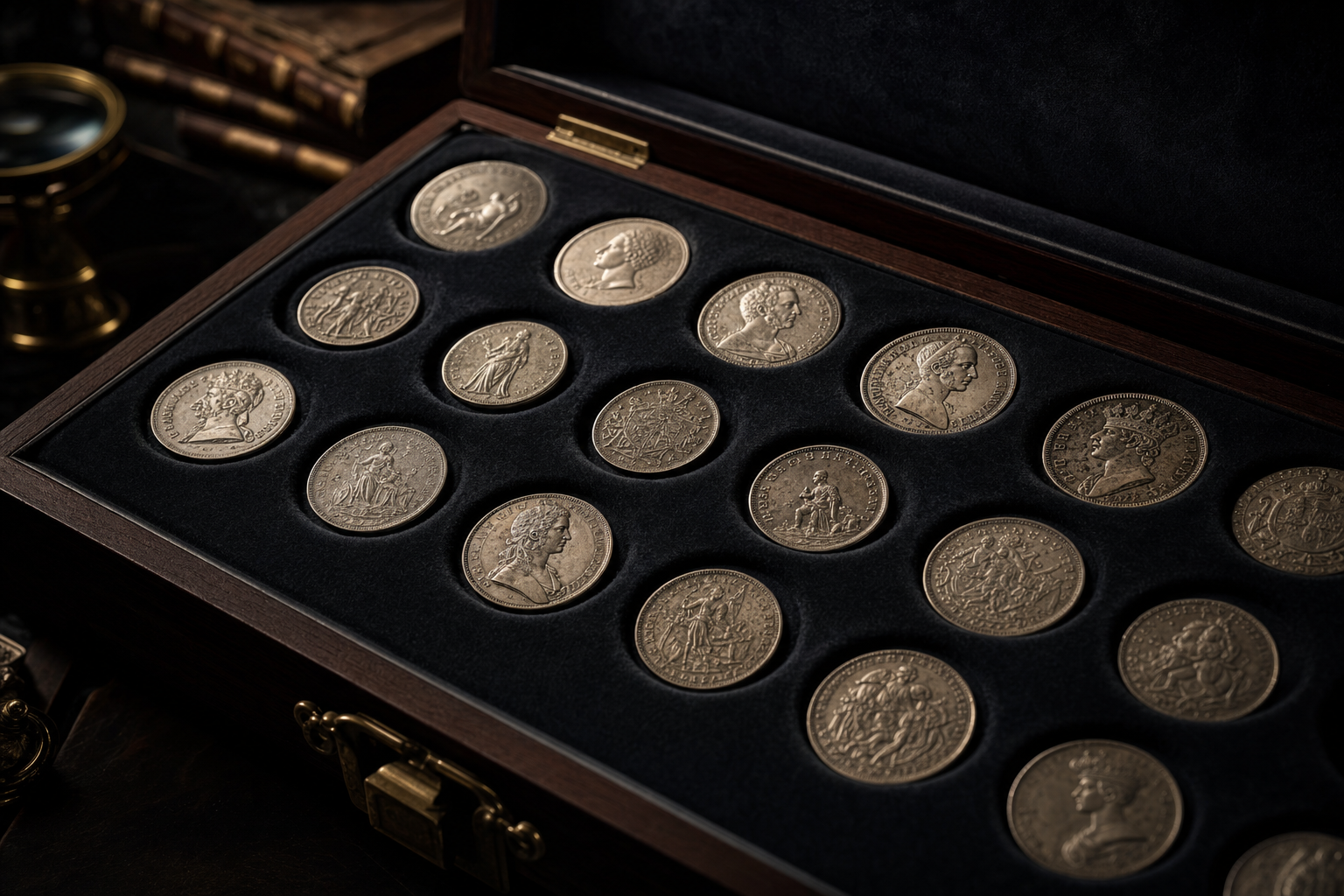 Geöffnete Sammlerkassette mit historischen Silbermünzen in Filzeinlage