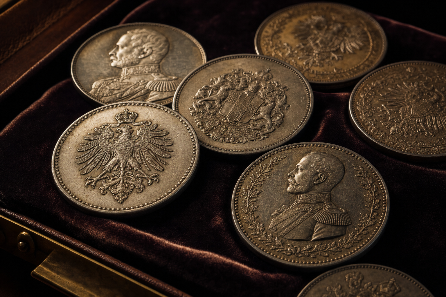 Historische Silbertaler von 1871 auf dunklem Samt mit warmem Licht