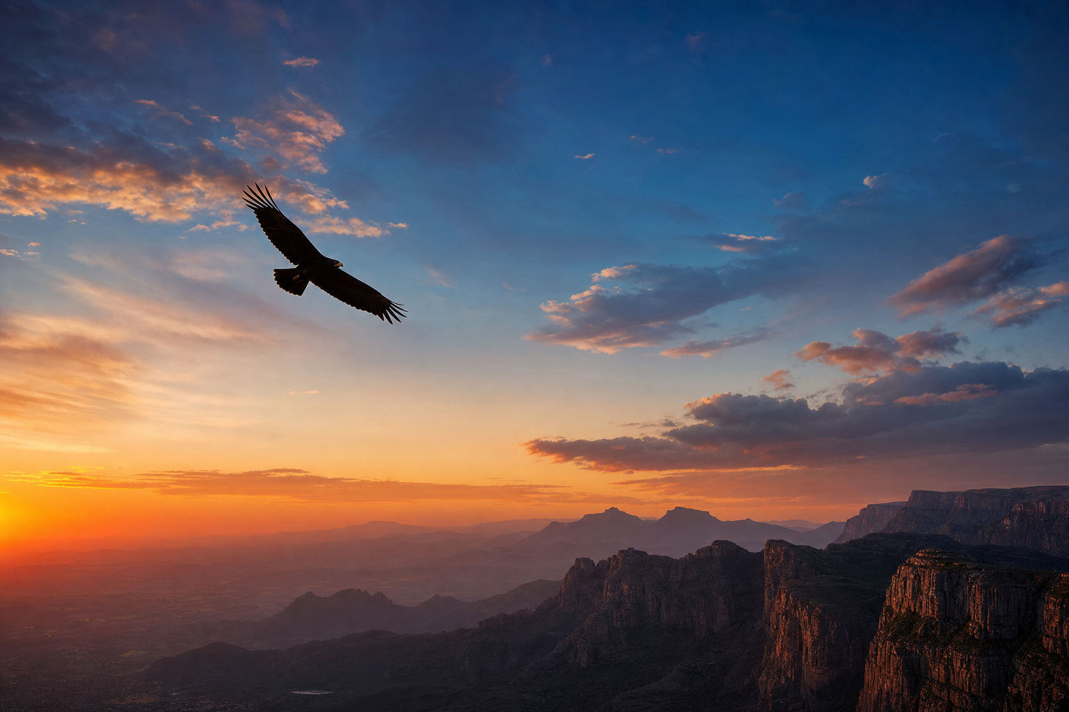 Adler-Silhouette vor dramatischem Himmel ueber suedafrikanischer Landschaft