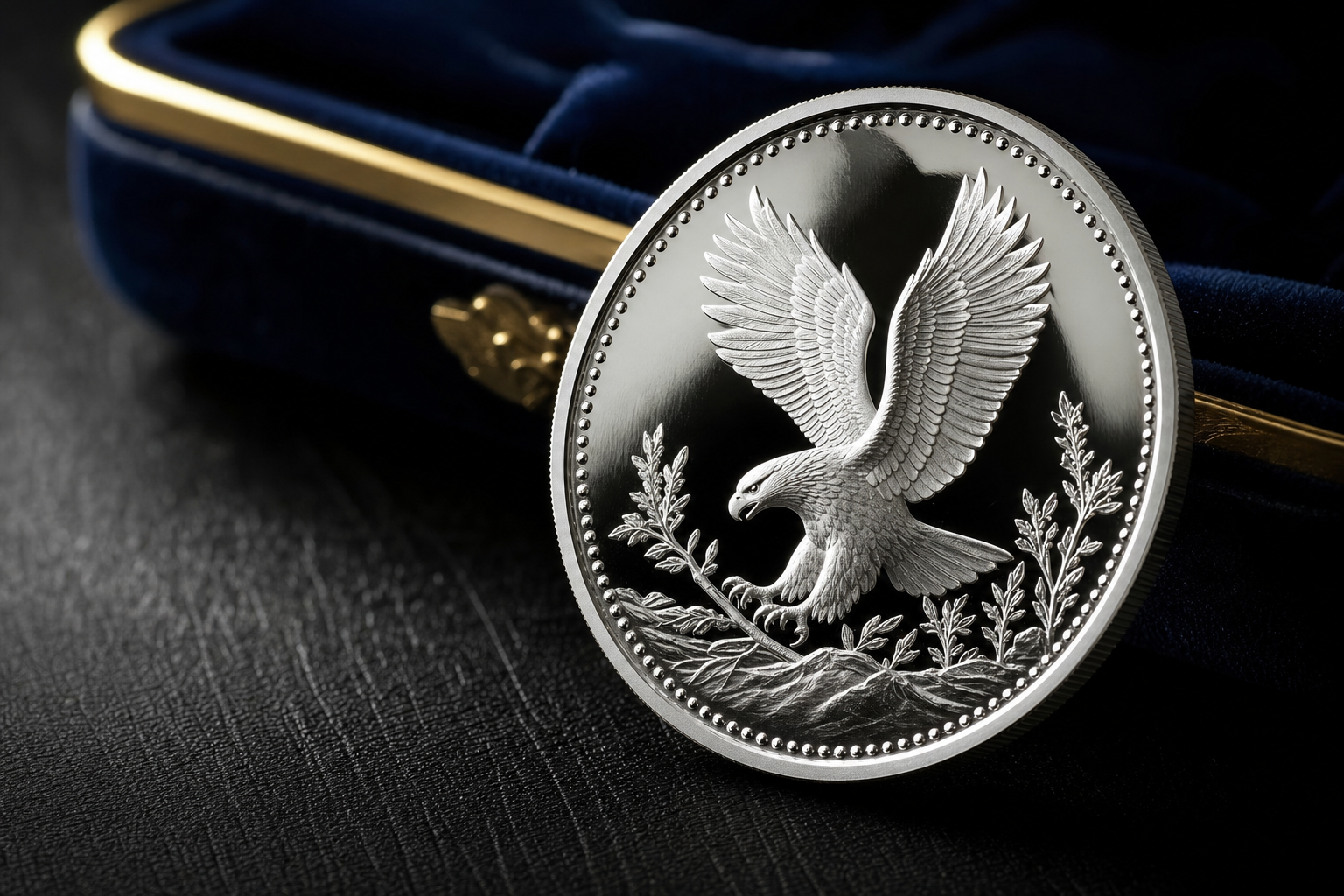 Detailaufnahme einer Silbermuenze in Polierter Platte mit Spiegelglanz und mattiertem Relief