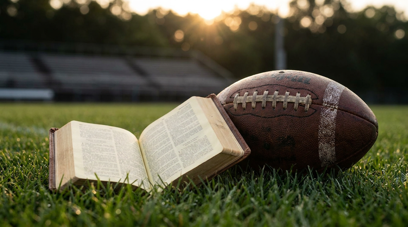 Ein aufgeschlagenes Buch liegt neben einem Fußball auf dem Rasen im Abendlicht