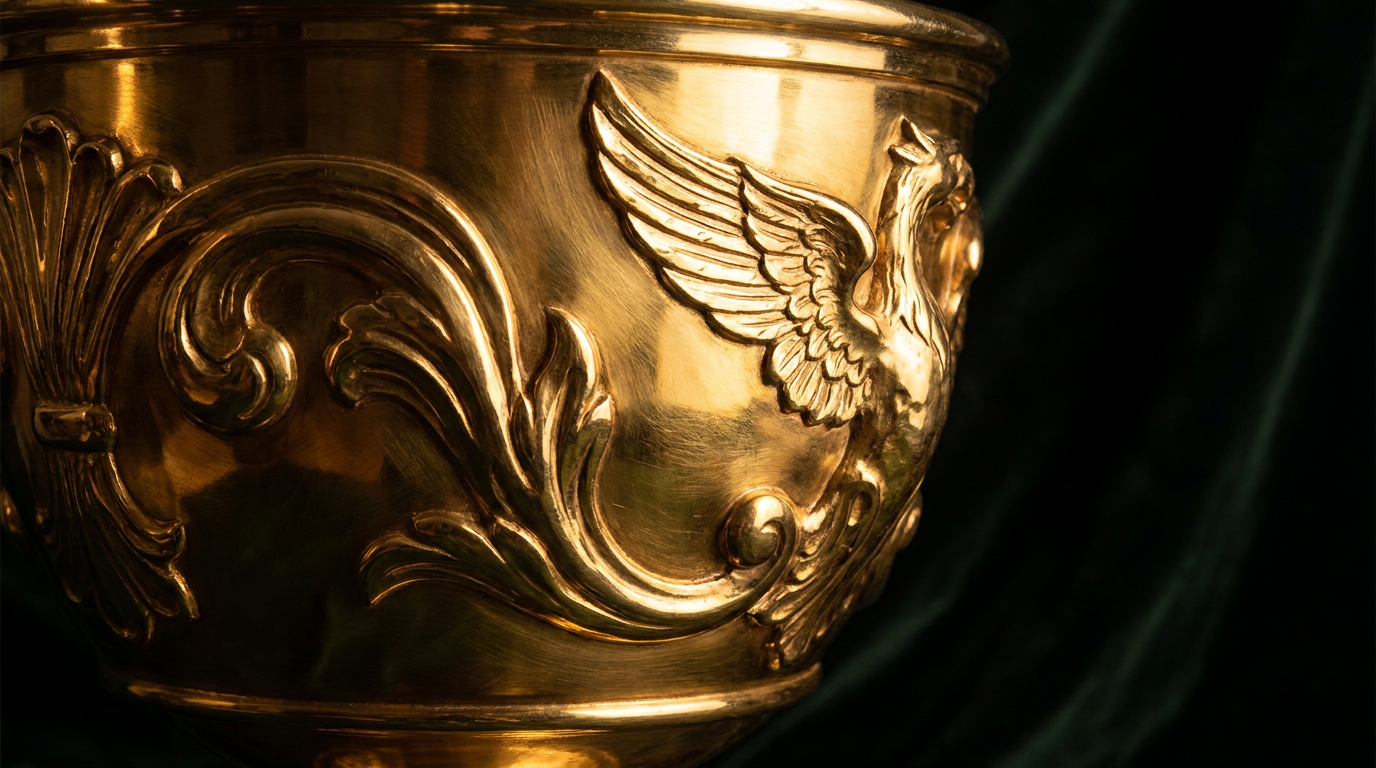 Detailaufnahme eines glänzenden goldenen Pokals vor dunklem Hintergrund