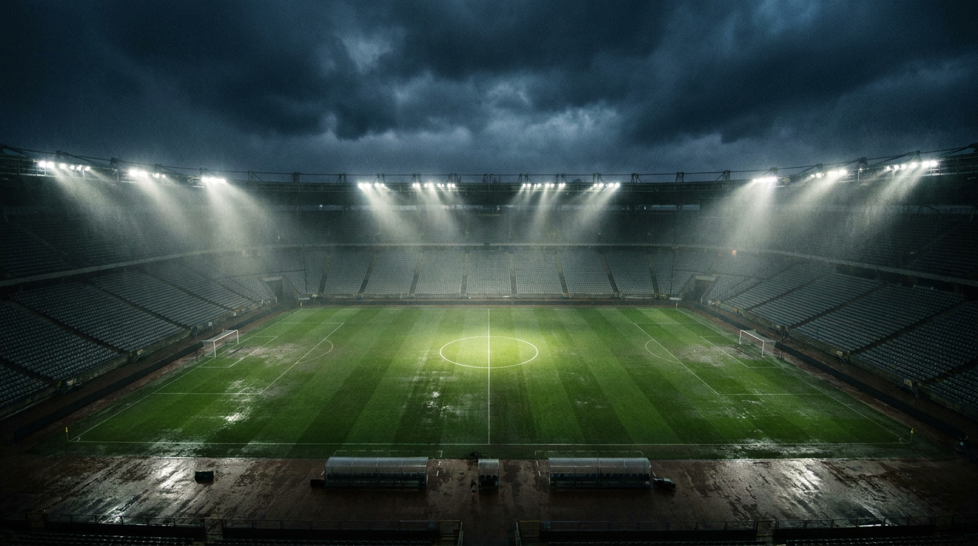Der Mittelkreis eines leeren, flutlichtbeleuchteten Fußballstadions bei Nacht