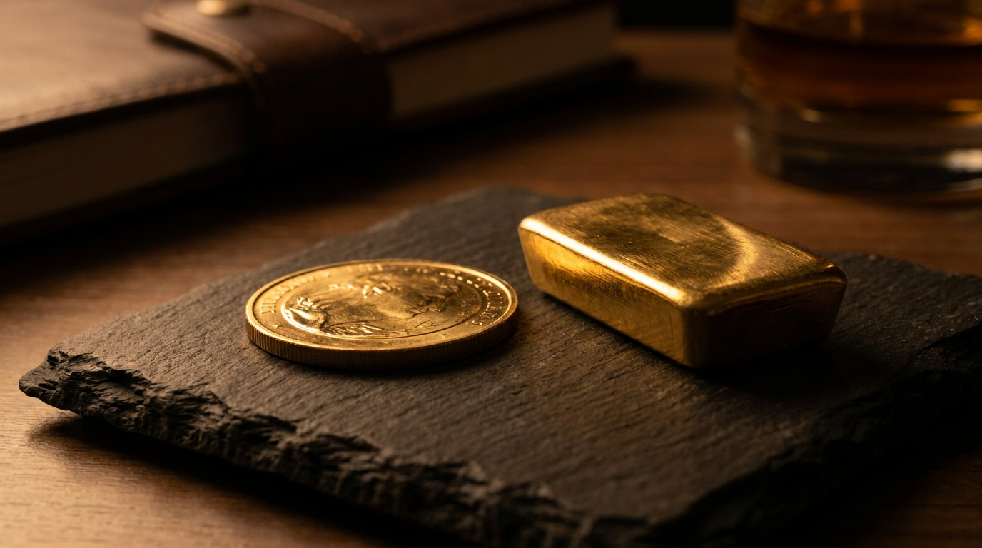 Eine Goldmünze und ein kleiner Goldbarren auf dunklem Schiefer, warm beleuchtet