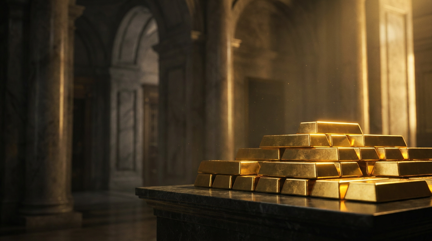 Gestapelte Goldbarren in einem Tresor, im Hintergrund die angedeutete Halle einer Zentralbank