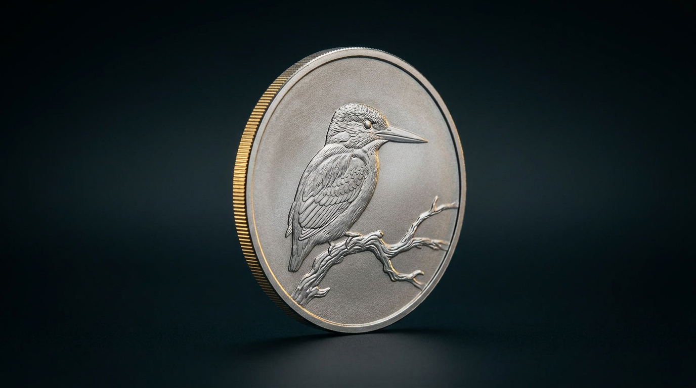 Silbermünze mit Eisvogel-Motiv aufrecht stehend in dunkler Studiobeleuchtung