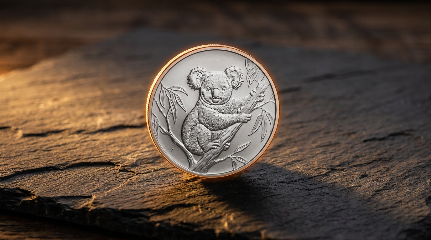 Silbermünze mit Koala-Motiv auf dunklem Stein in warmem Licht