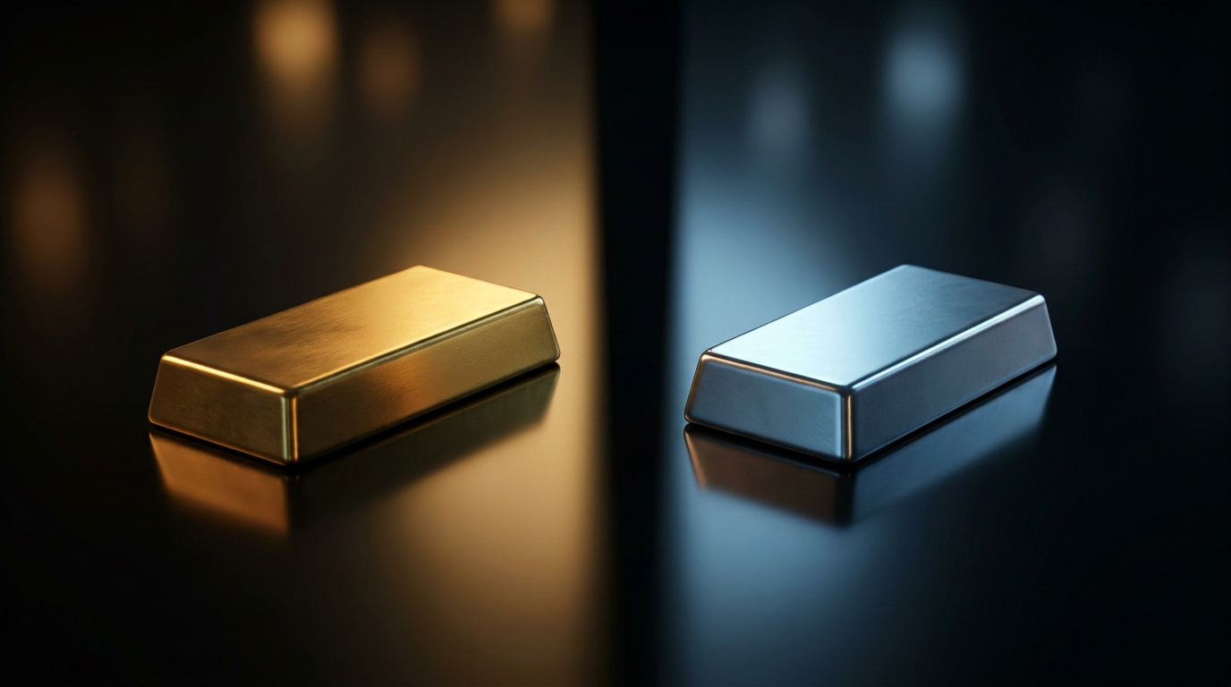 Ein goldener Barren und ein silbrig-weißer Platinbarren nebeneinander auf dunklem Untergrund