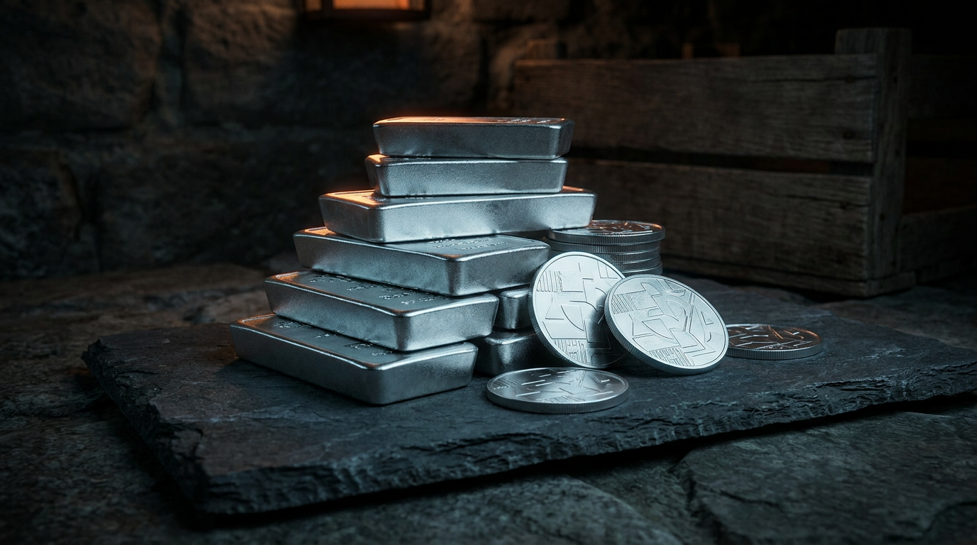 Platinbarren und Platinmünzen verschiedener Größen auf dunklem Schiefer