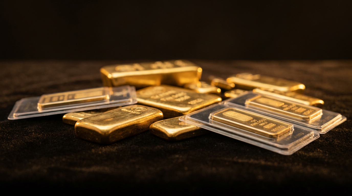Goldbarren verschiedener Hersteller und Stückelungen auf dunklem Untergrund, teils gegossen, teils in Schutzverpackung
