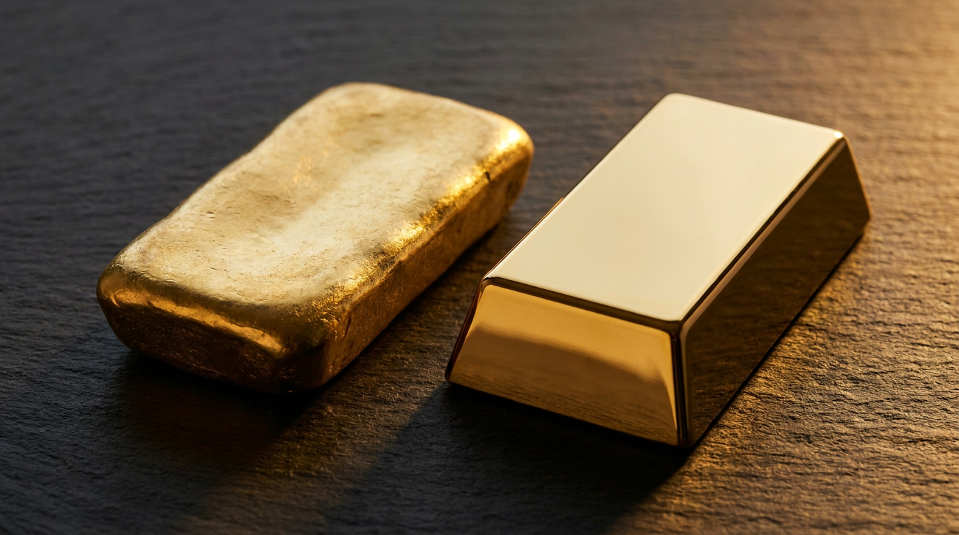 Direkter Vergleich eines gegossenen Goldbarrens mit organischer Oberfläche und eines geprägten Goldbarrens mit spiegelglatter Prägung