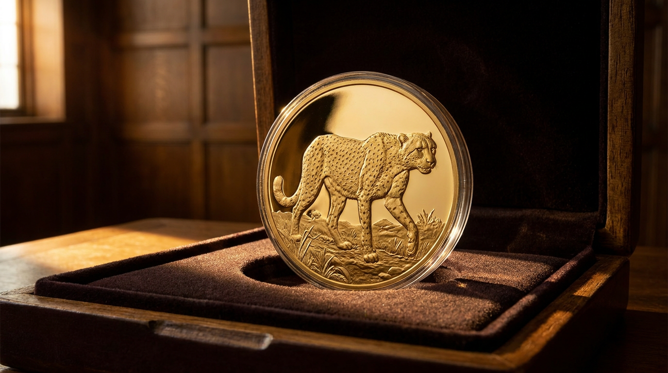 Hochrelief-Goldmünze der African-Range-Serie mit Gepardenmotiv in Polierter Platte aufrecht im Etui