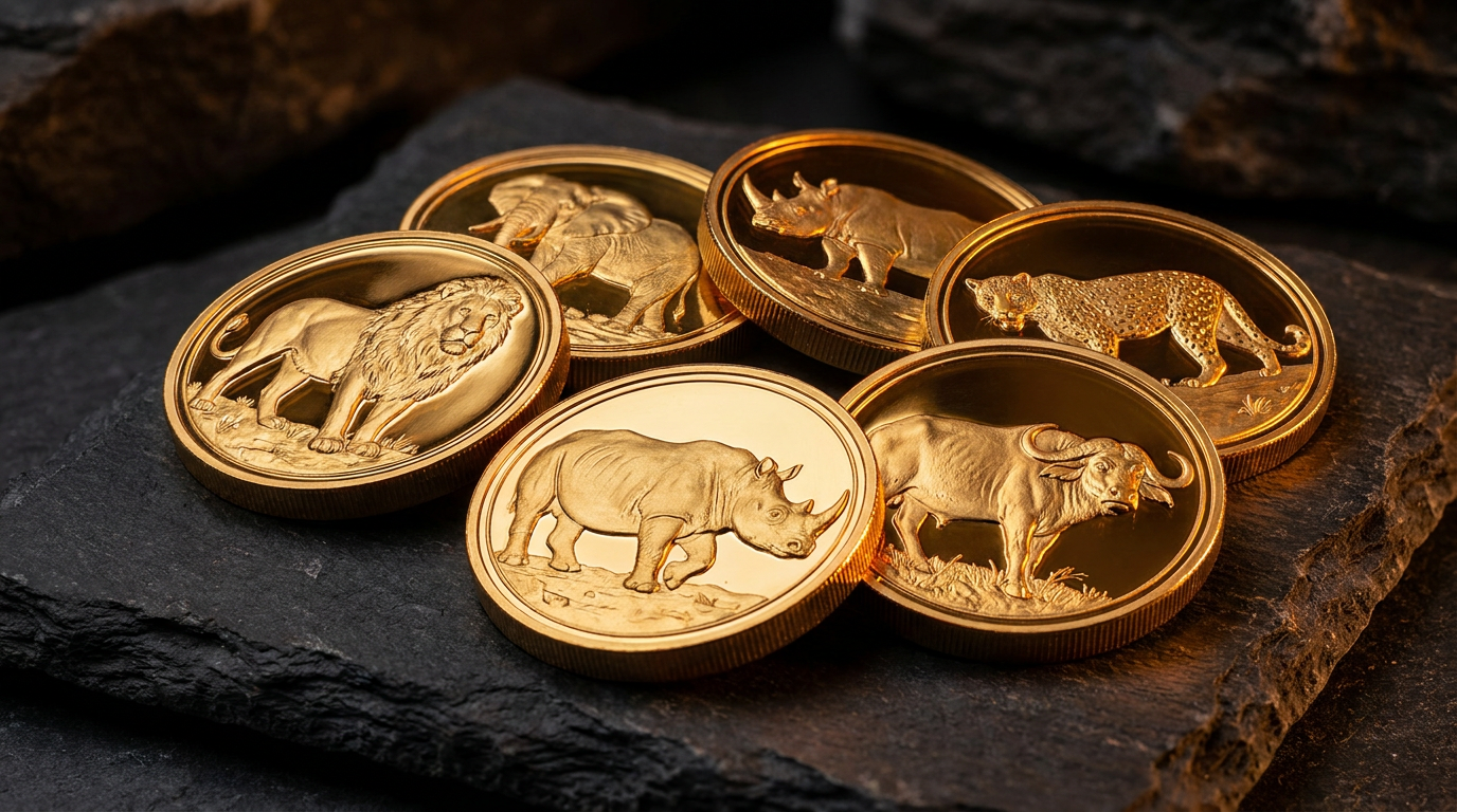 Mehrere Big-Five-Goldmünzen mit Löwen-, Elefanten- und Nashornmotiv im Hochrelief auf dunklem Schiefer