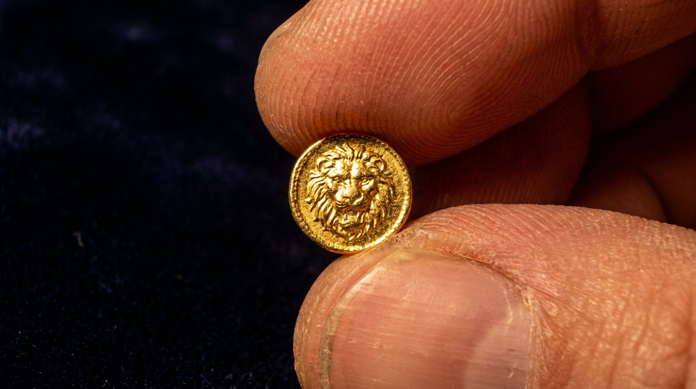 Winzige 1/200-Unze-Goldmünze mit Löwenmotiv zwischen Fingerspitzen zur Veranschaulichung des Kleinstformats