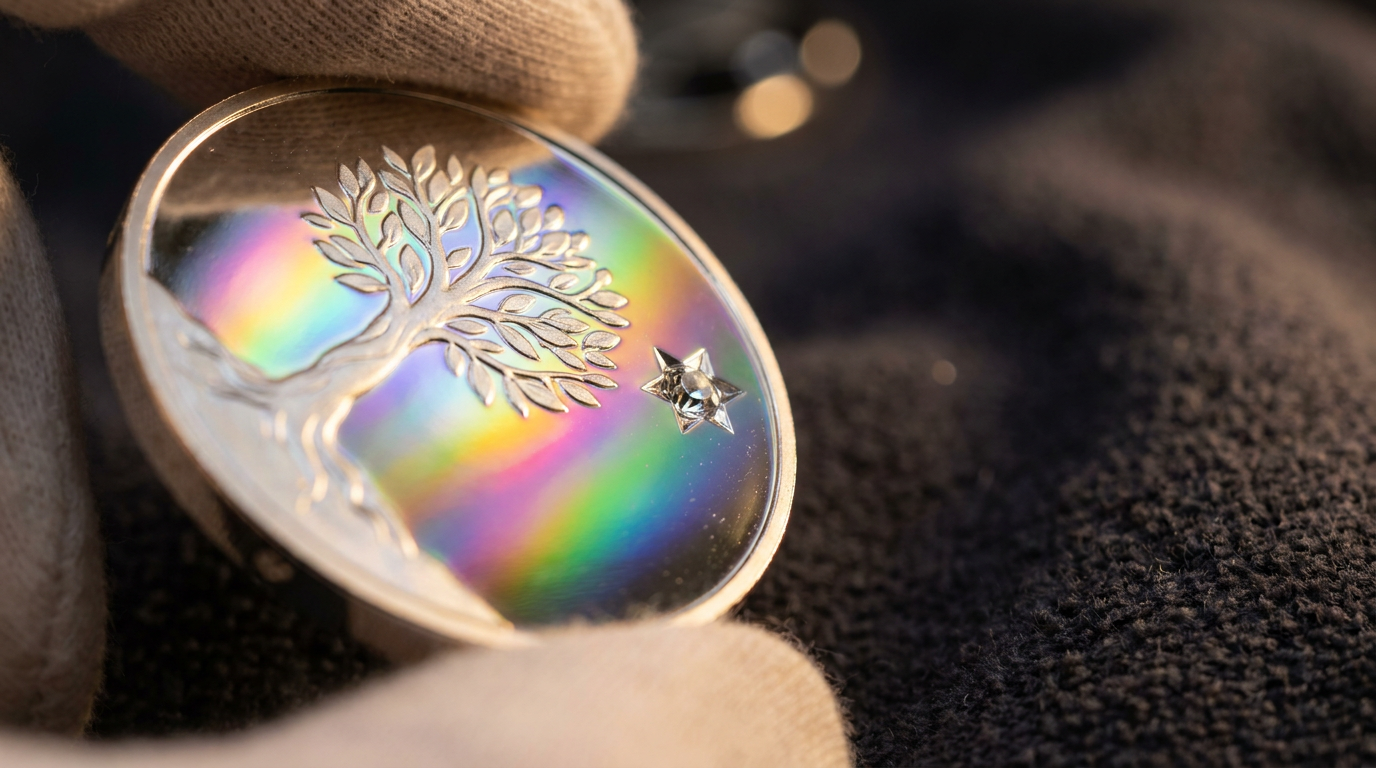 Polierte Silbermünze mit Prisma-Regenbogeneffekt und Kristallbesatz im Studiolicht