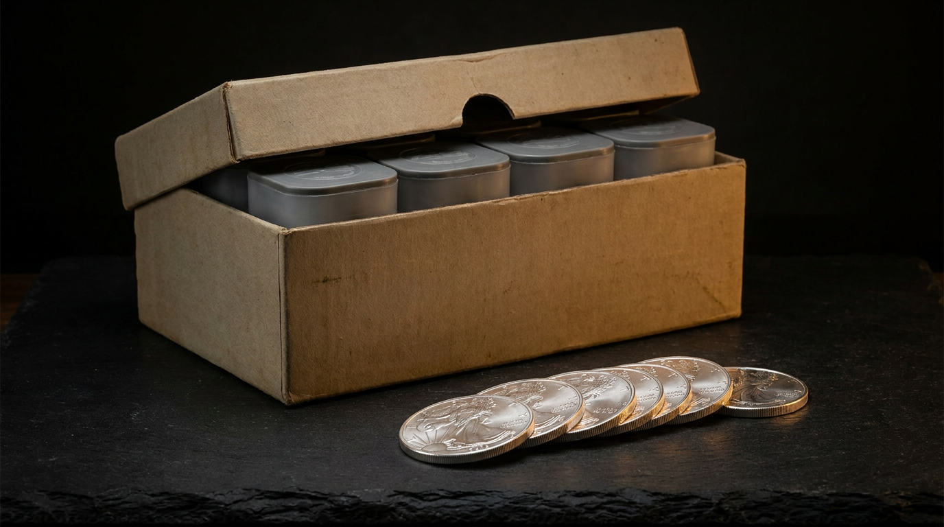 Geöffnete Silber-Masterbox mit gestapelten Münztuben und ausgefächerten Unzen-Silbermünzen